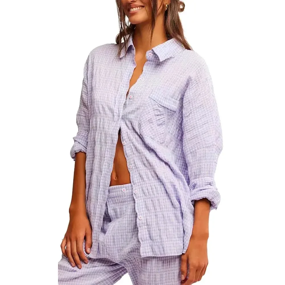 Free People Textured Pajama Shirt Mini Dress Loungewear in Lilac Medium